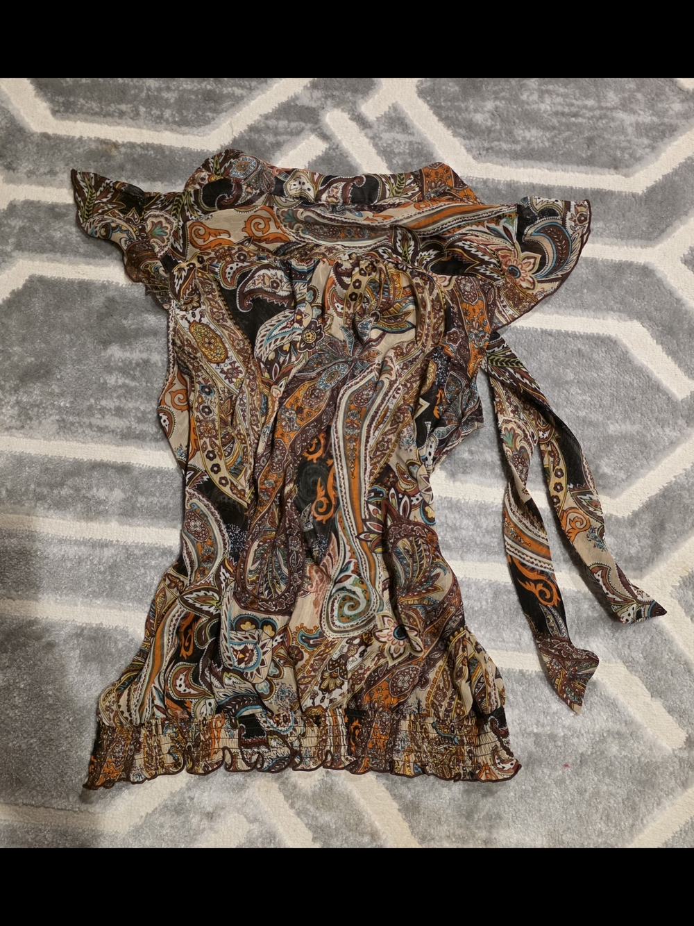 AB Studio Paisley Ruffle Sleeve Blouse in Brown and Orange